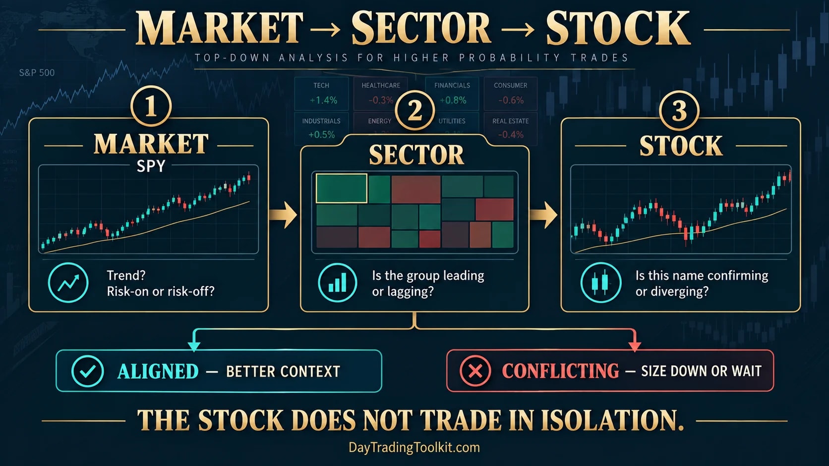 Top-down sequence checks SPY market context, sector leadership, and whether an individual stock confirms or diverges.