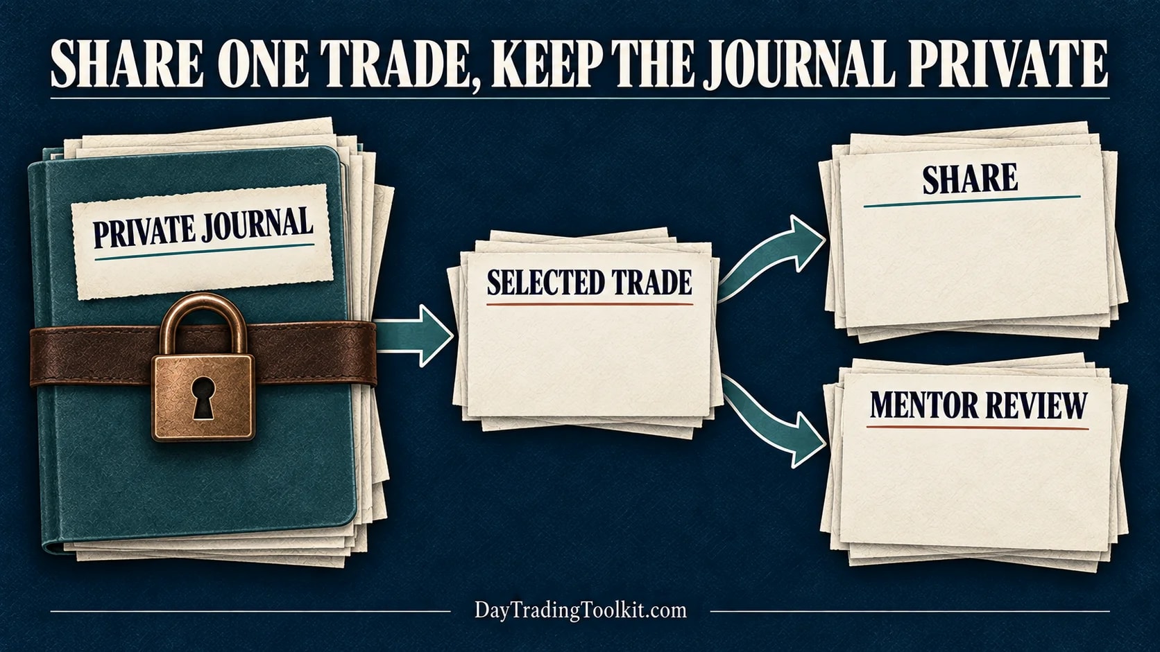 A selected trade branches from a locked private journal to an optional share or mentor review.