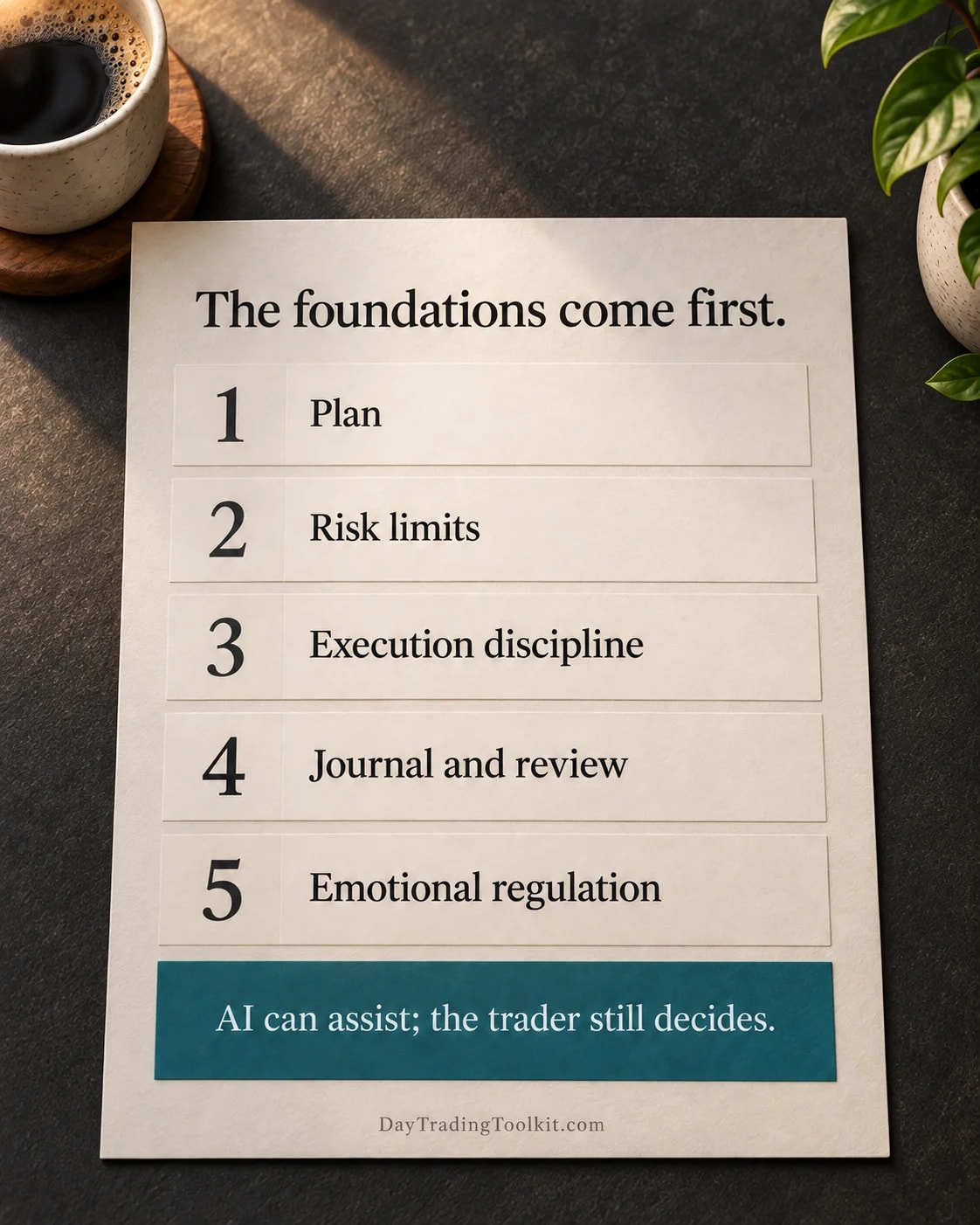 Five foundations support AI use: a trading plan, risk management, execution discipline, journal review and emotional regulation.