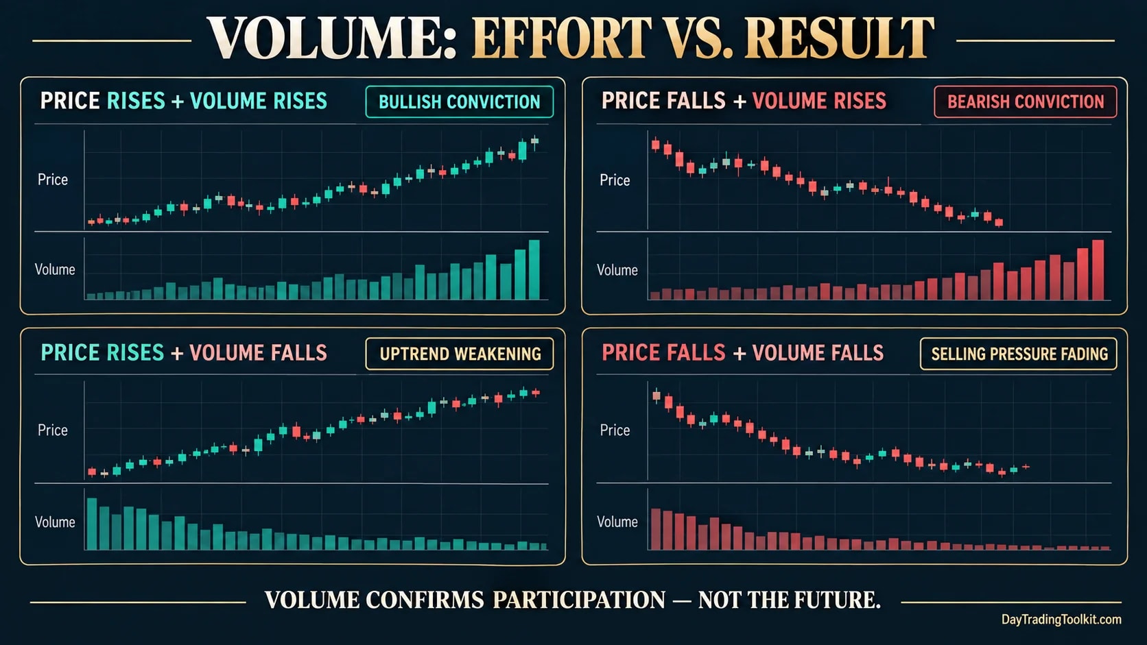 Four price-and-volume combinations showing bullish participation, bearish participation, and two forms of divergence.