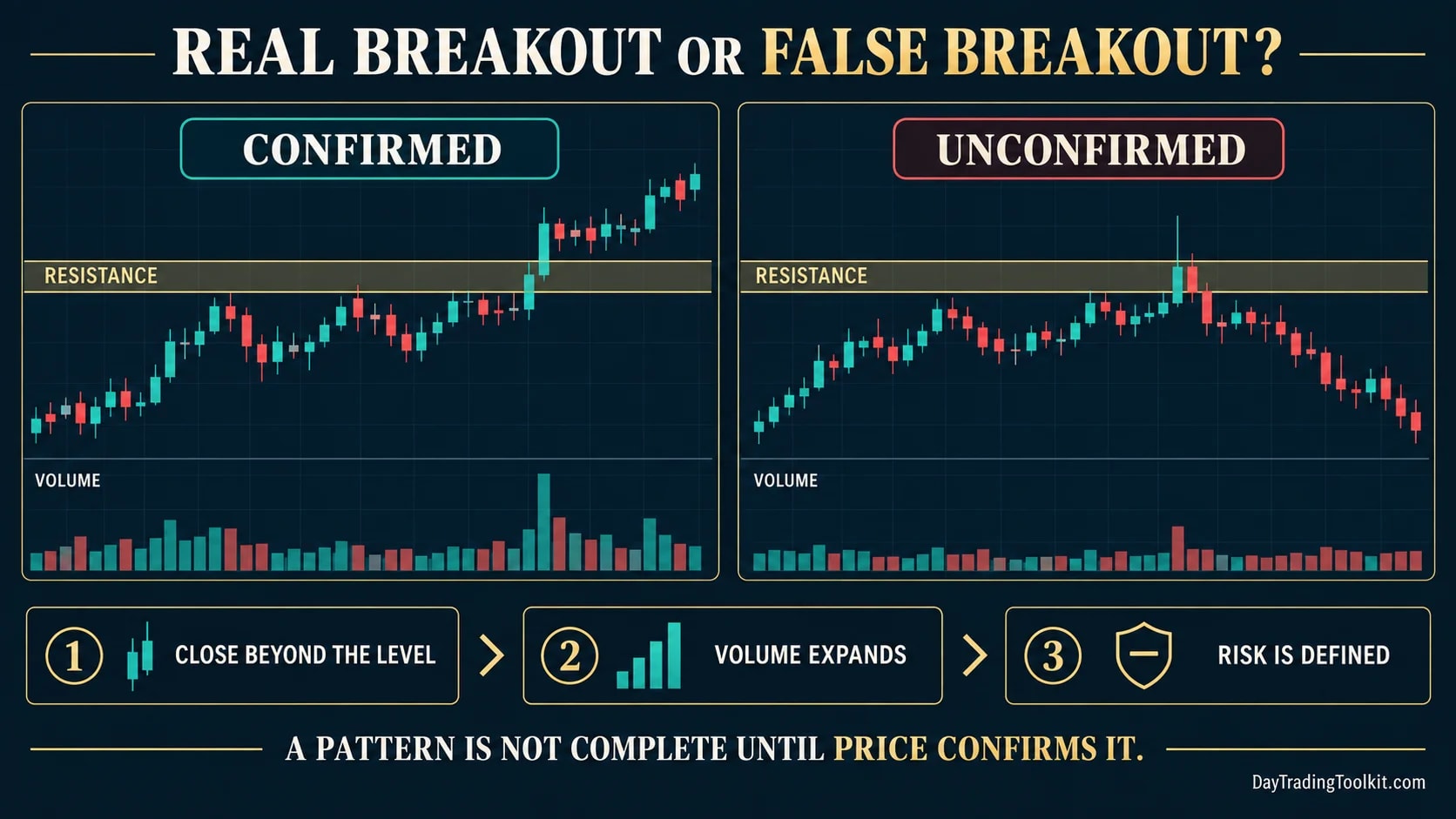 Side-by-side confirmed and false breakouts comparing the close, volume, and risk definition.