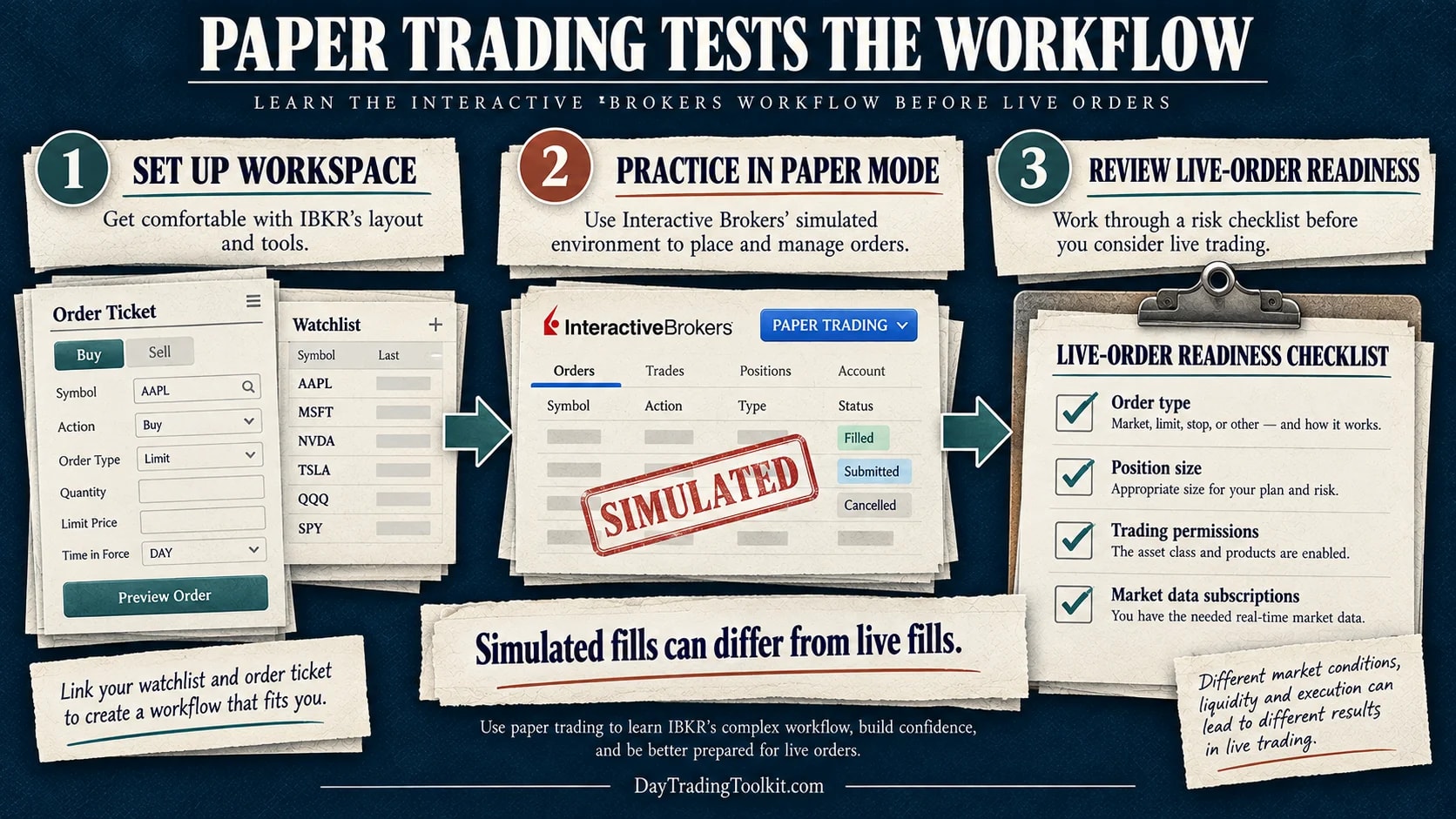 Interactive Brokers paper-trading workflow: set up, practice simulated orders, then check order type, size, permissions, and data before live trading.