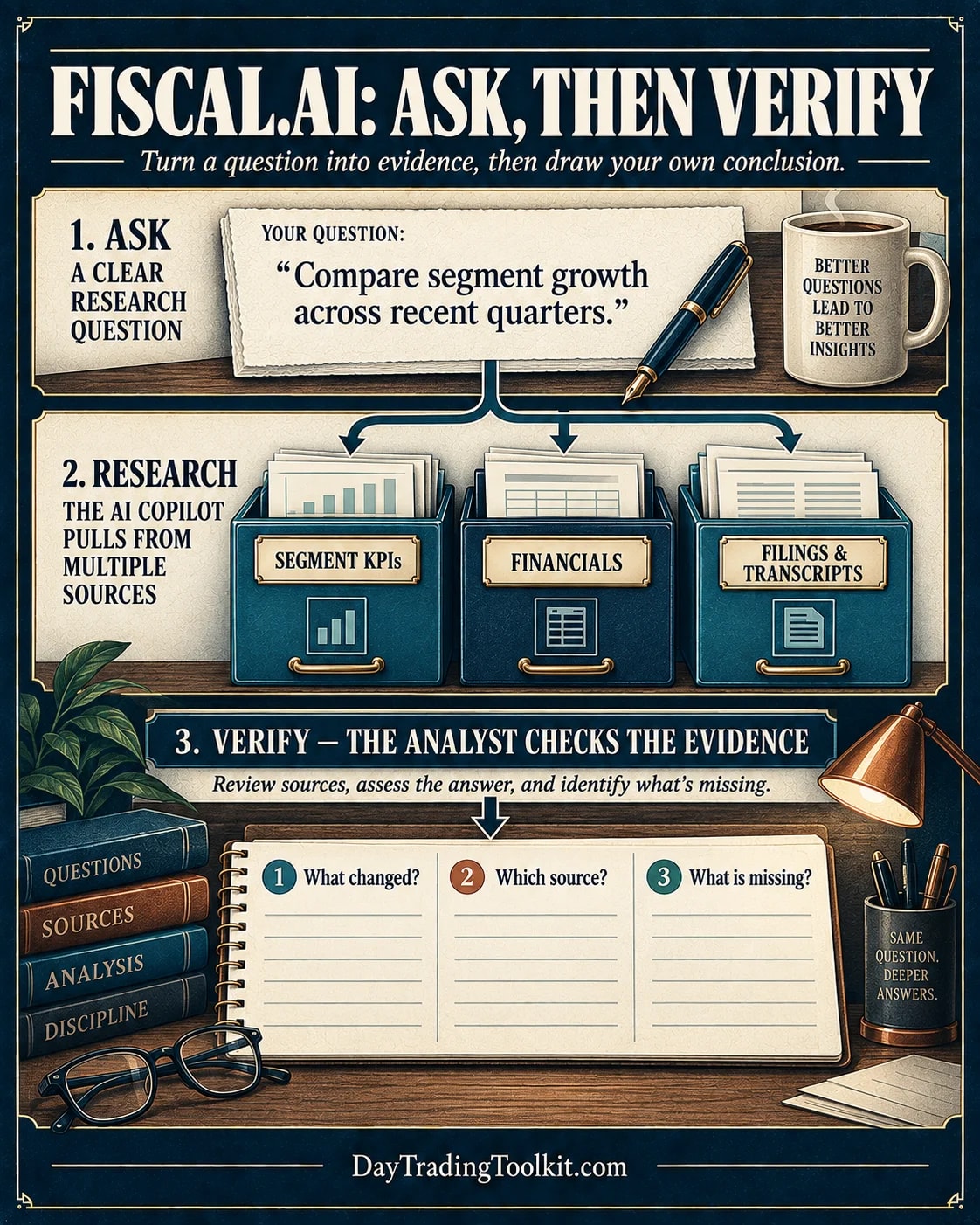 Fiscal.ai research workflow from a specific segment-growth question through KPIs, financials, filings, and transcripts to an evidence check.