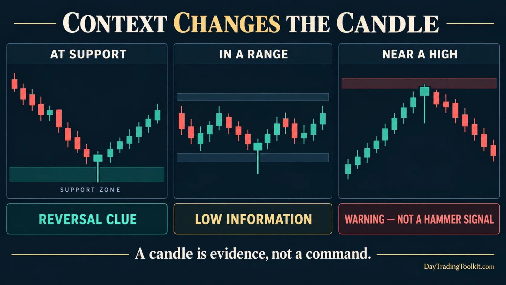 The same candlestick shape shown at support, inside a range, and near a recent high to demonstrate how context changes its meaning.