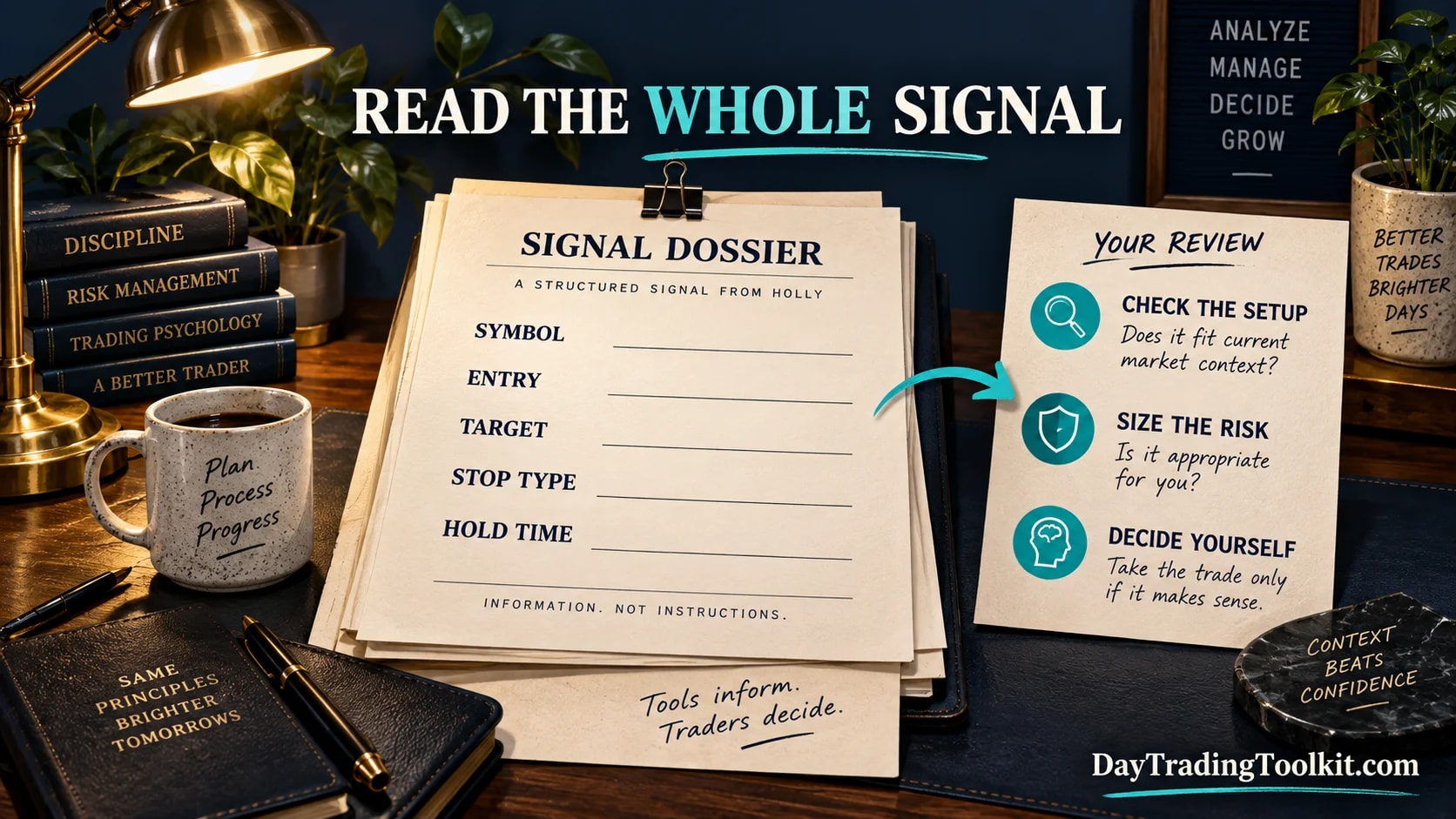 Annotated AI signal card showing the setup, entry context, risk levels, and the trader's review before acting.