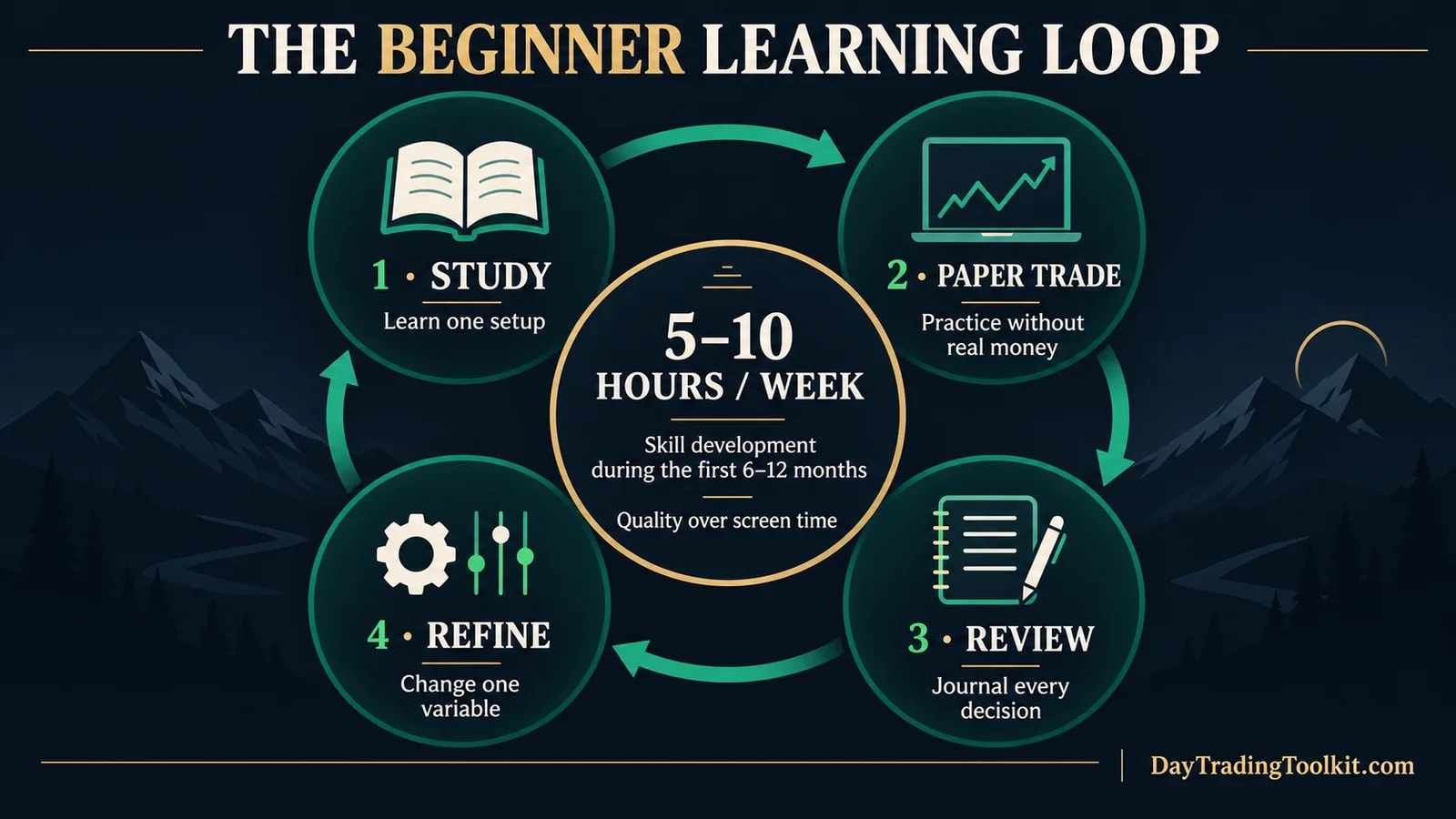 Four-step beginner trading learning loop: study, paper trade, review decisions, and refine one variable.