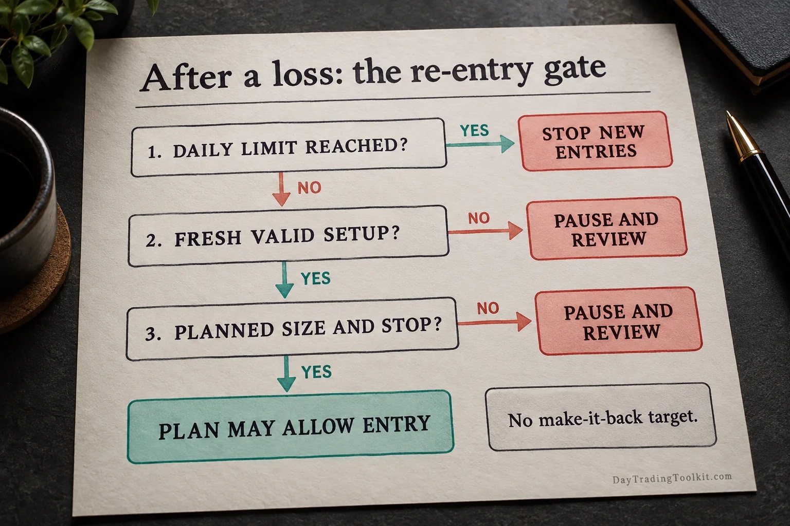 After-loss decision gate checks the daily limit, emotional readiness and a valid setup before any new entry.