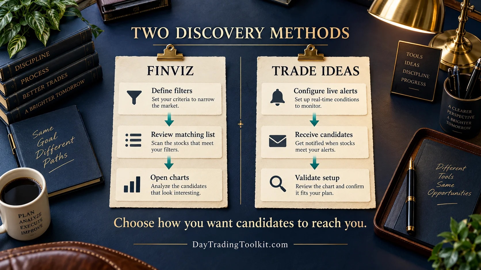 Finviz filter-and-review workflow beside Trade Ideas alert-and-review workflow.