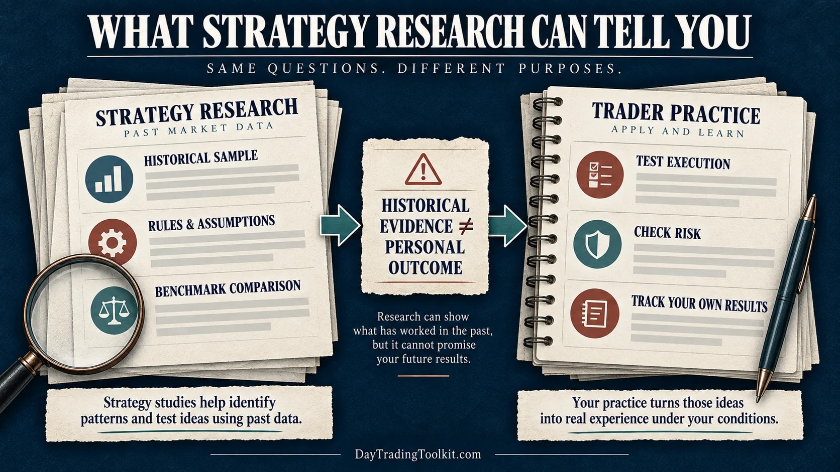 Historical studies examine samples, assumptions, and benchmarks, while a trader must separately test execution, risk, and personal results.