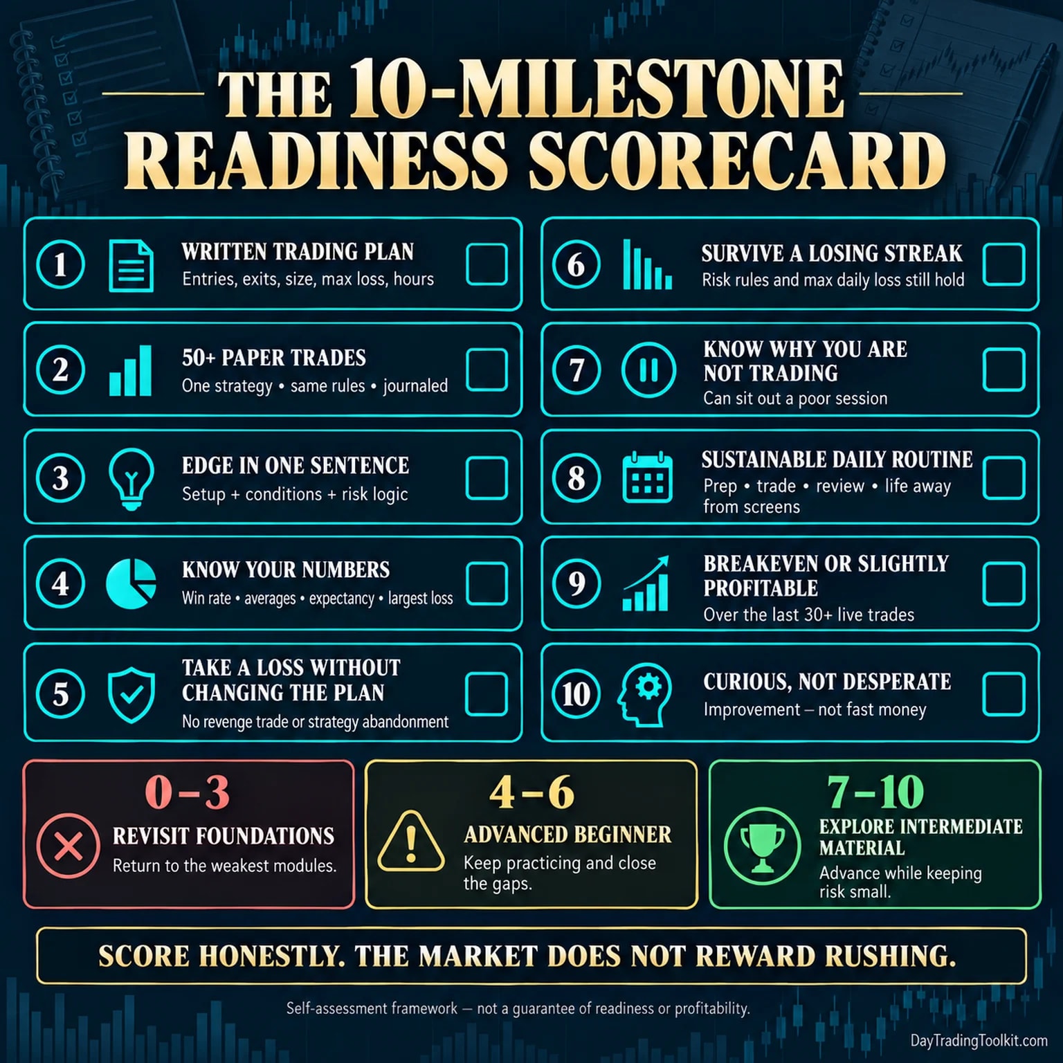 Ten-milestone scorecard for assessing readiness to move from beginner toward intermediate day trading.