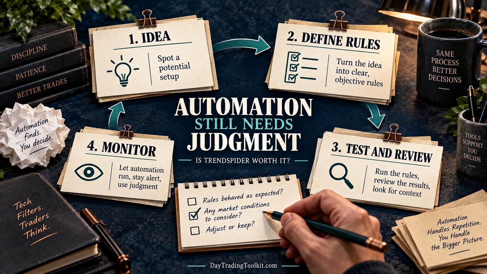 TrendSpider automation workflow moves from idea and defined rules to testing, review, and monitoring.