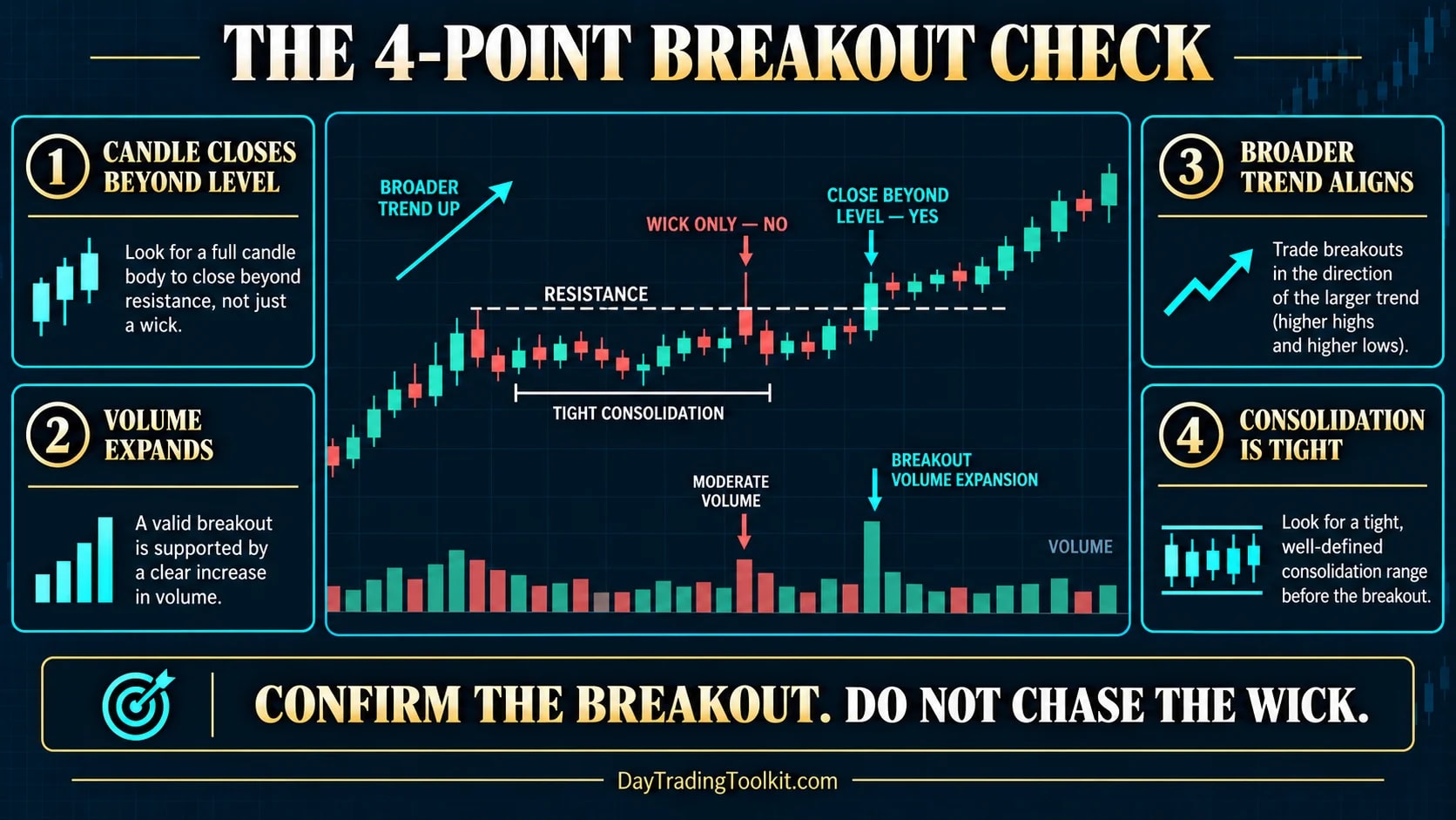 Four-point breakout check: candle closes beyond the level, volume expands, broader trend aligns, consolidation is tight; a wick through the level doesn't count
