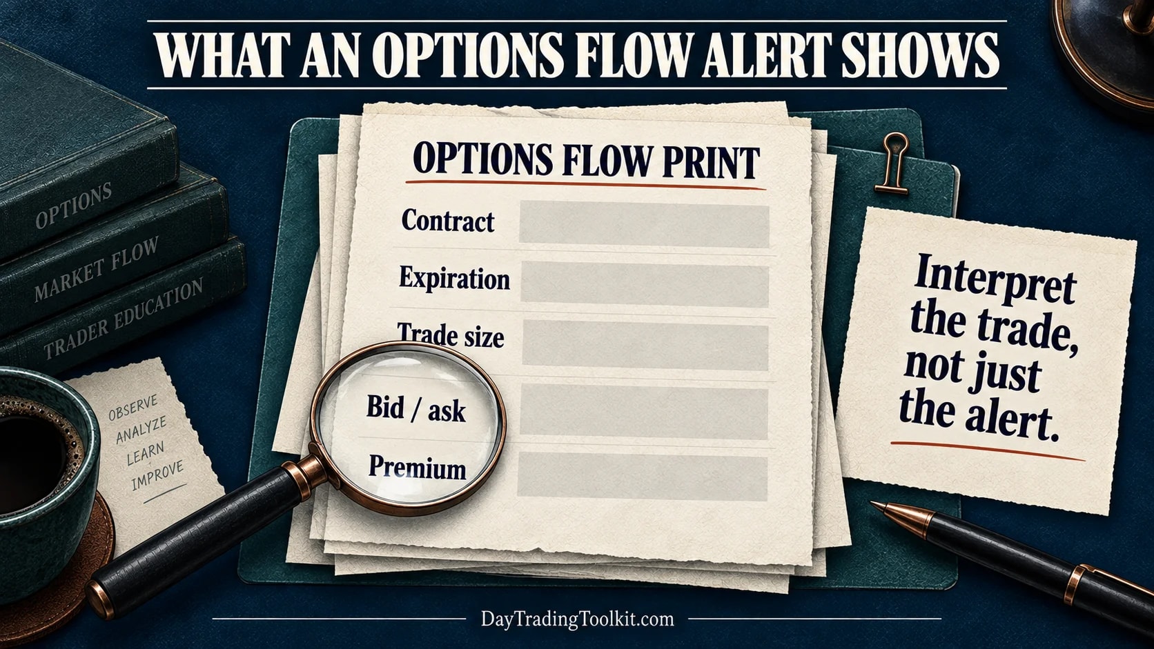 An options flow print shows contract, expiration, size, bid and ask, and premium fields for interpretation.