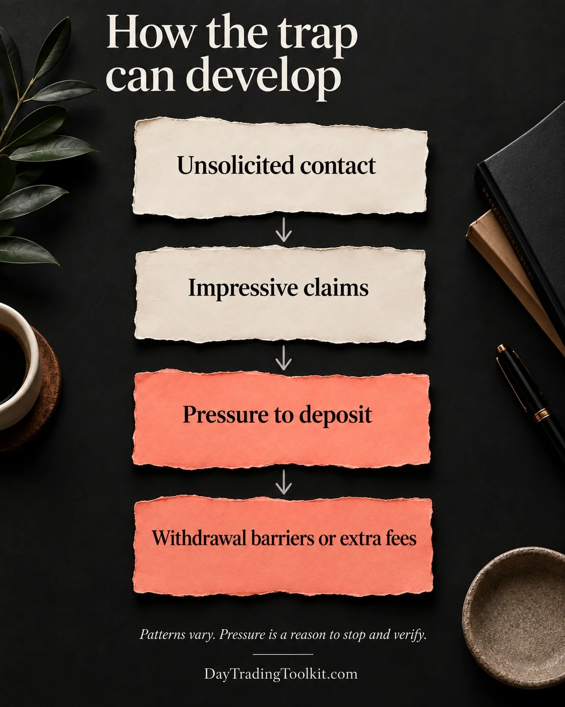 Scam sequence moves from trust-building and impressive claims to deposit pressure, withdrawal barriers and extra fees.