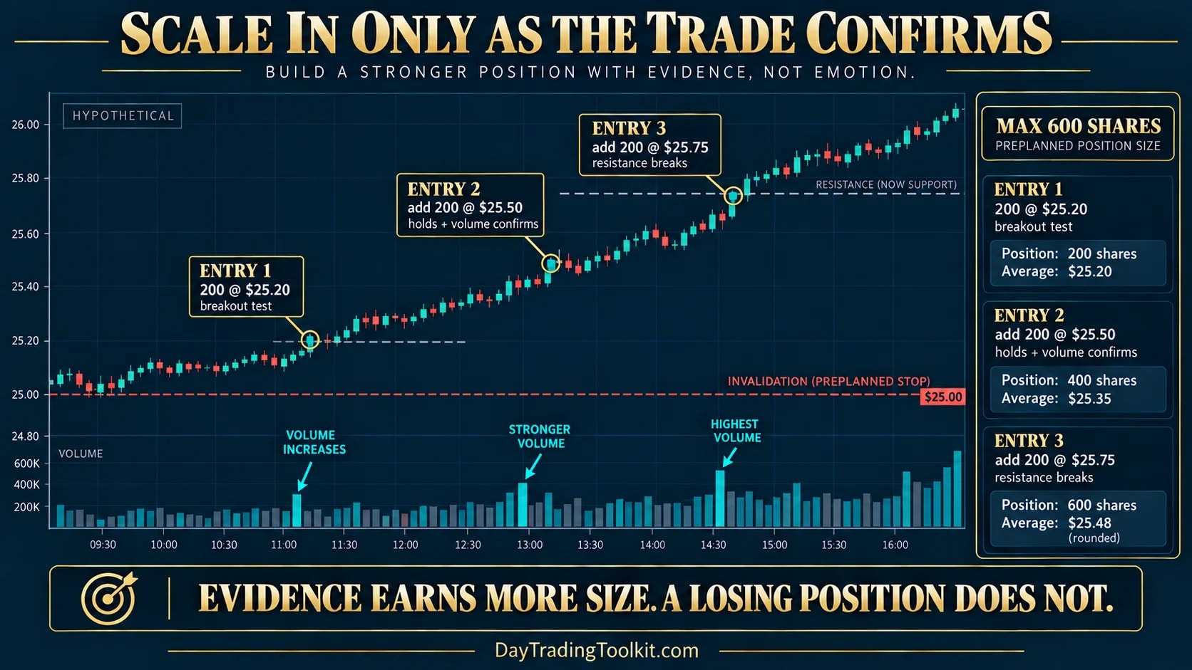 Three 200-share additions raise a hypothetical position from 200 to 600 shares as price and volume confirm the setup.