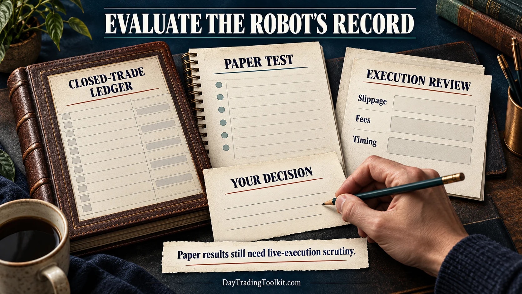 A trader reviews a robot’s closed-trade ledger, paper test, and live-execution factors before deciding whether to use it.