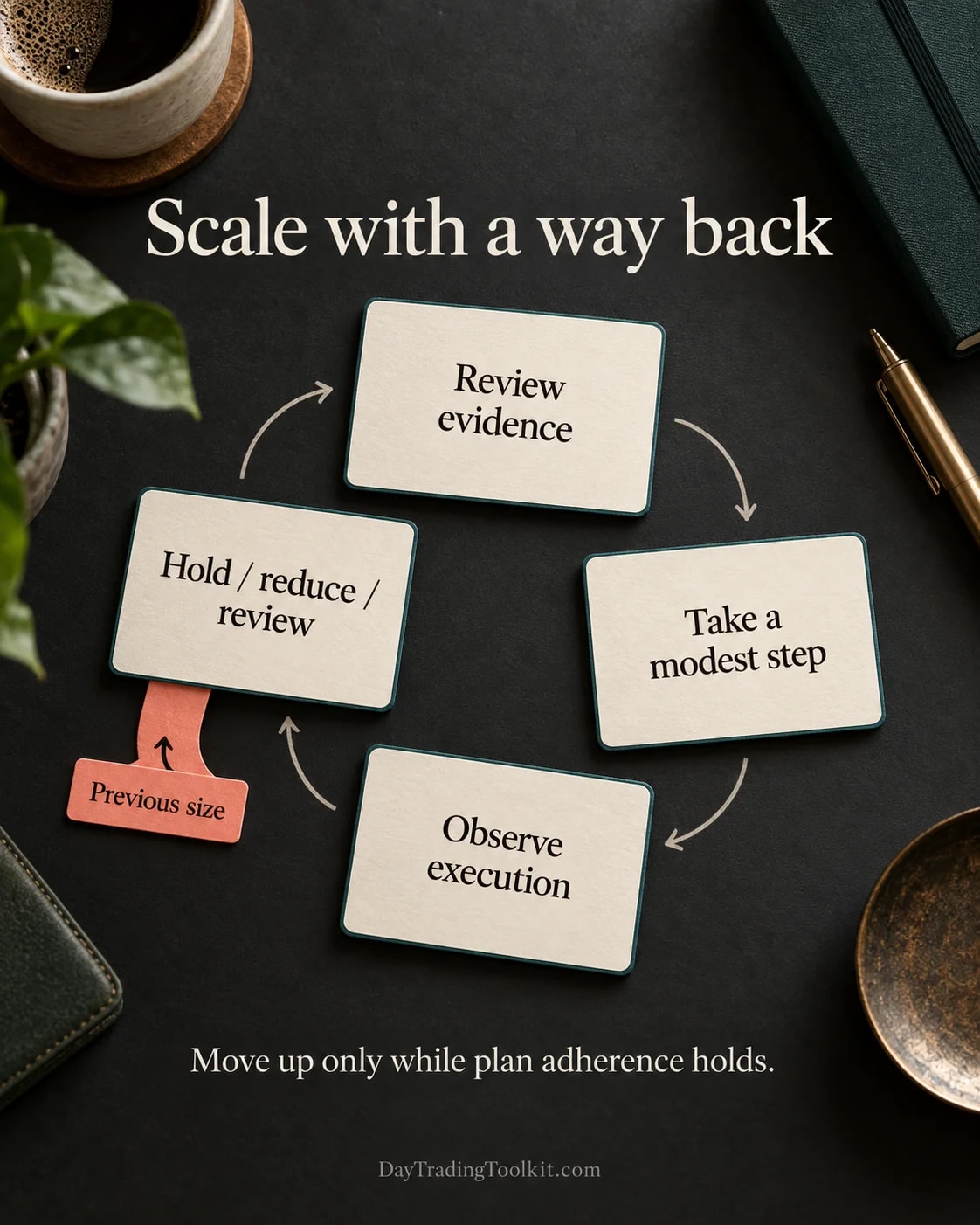 Scaling process moves from evidence review to a modest size step, then checks adherence before holding, reducing or reviewing.
