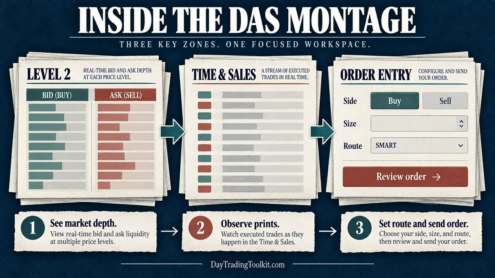 Conceptual DAS montage showing Level 2 bid and ask depth, time and sales, and order-entry controls.