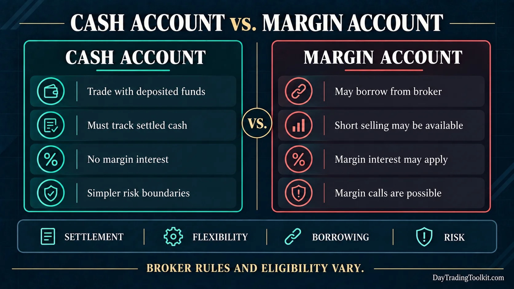 Cash and margin account comparison covering deposited funds, settled cash, borrowing, short selling, margin interest, and margin-call risk.