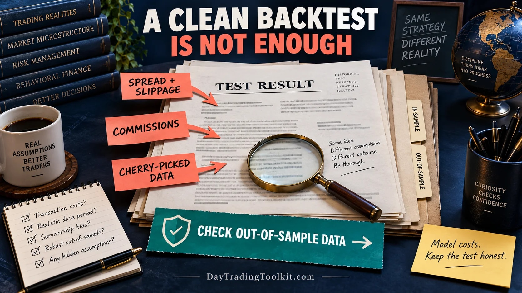 A backtest result can change after accounting for fees, slippage, survivorship, and selective setup choices.