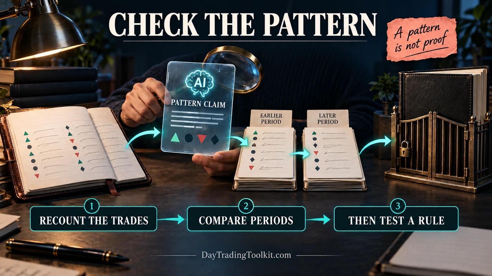 An AI pattern claim is checked against journal trades, compared across periods, and tested before a trading rule changes.