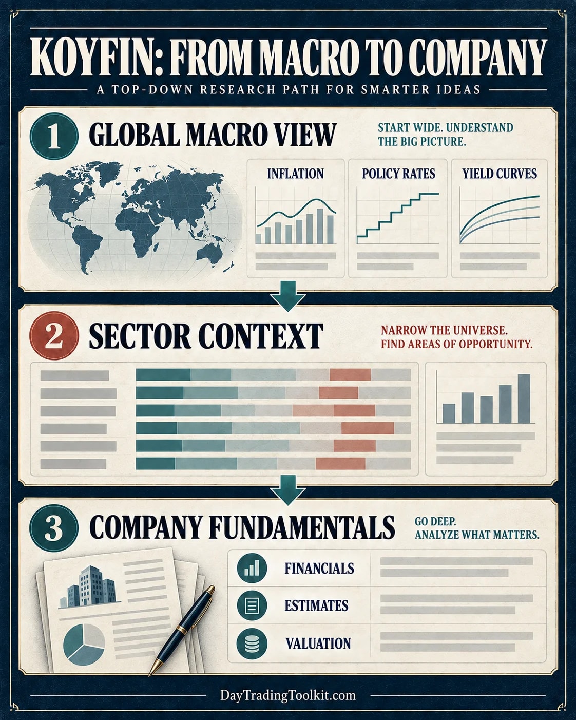 Koyfin research schematic moving from inflation, rates, and yield curves to sector context and company financials, estimates, and valuation.