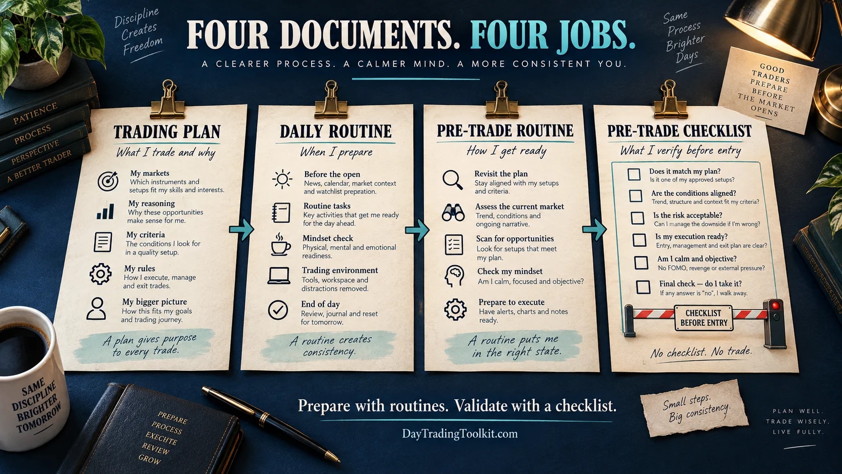A trading plan, daily routine, pre-trade routine, and pre-trade checklist each serve a distinct role.