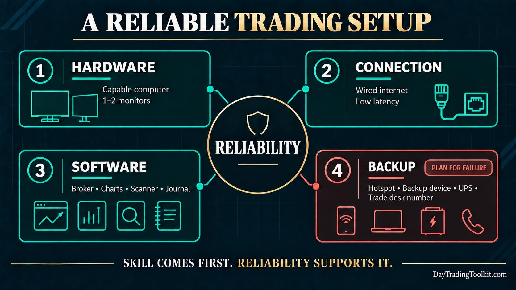 Four-part day-trading setup diagram connecting hardware, wired internet, trading software, and backup systems to overall reliability.