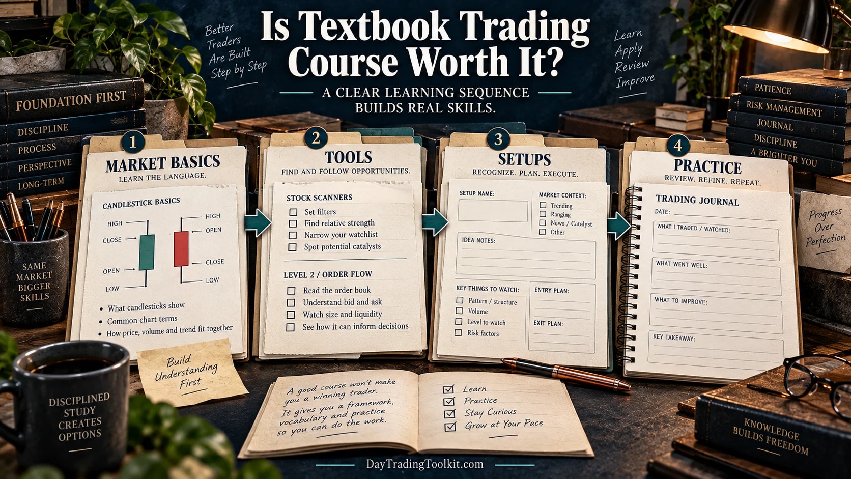 Textbook Trading learning sequence from market basics and tools to setups, practice, and review.