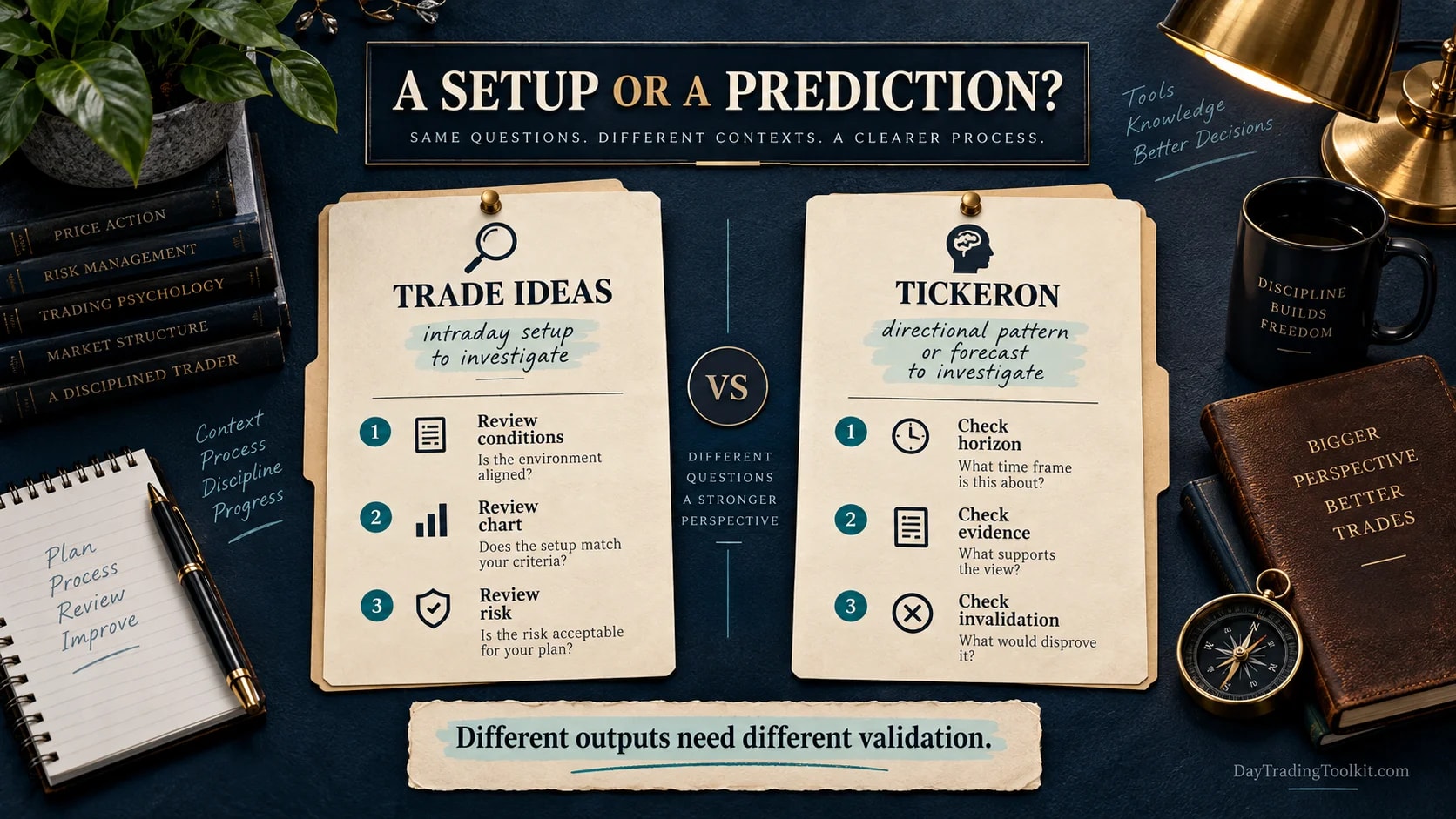 Intraday setup review questions compared with directional forecast review questions.