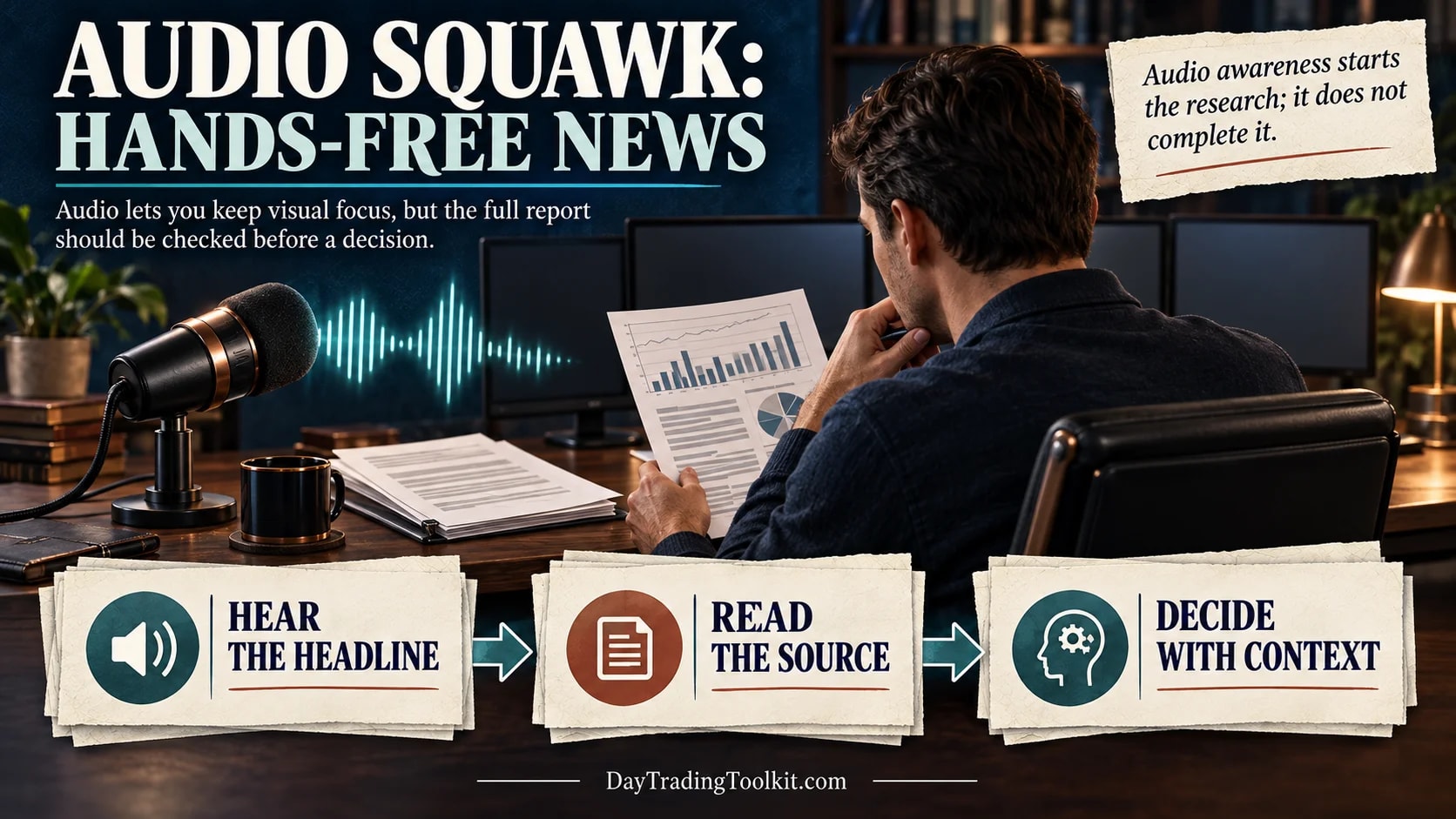 Benzinga Pro audio squawk workflow: hear a headline while focused on other work, read the source, then decide with context.