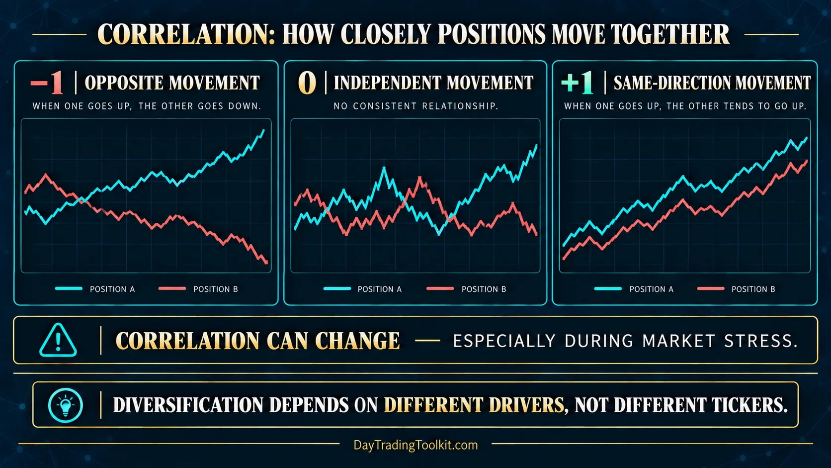 Negative, zero, and positive correlation shown with paired price paths