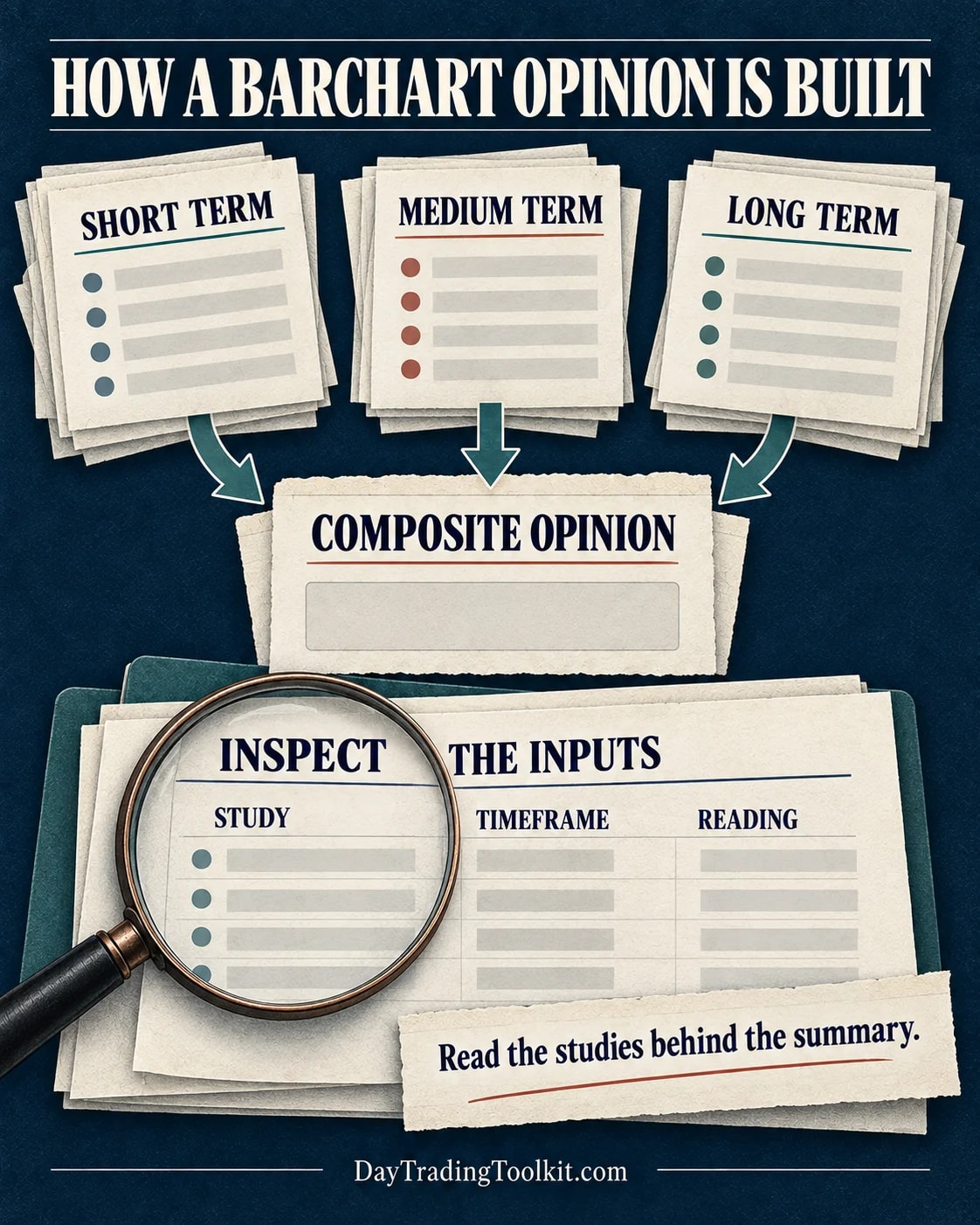 Short-, medium-, and long-term technical studies feed a Barchart composite Opinion, with underlying study rows available to inspect.