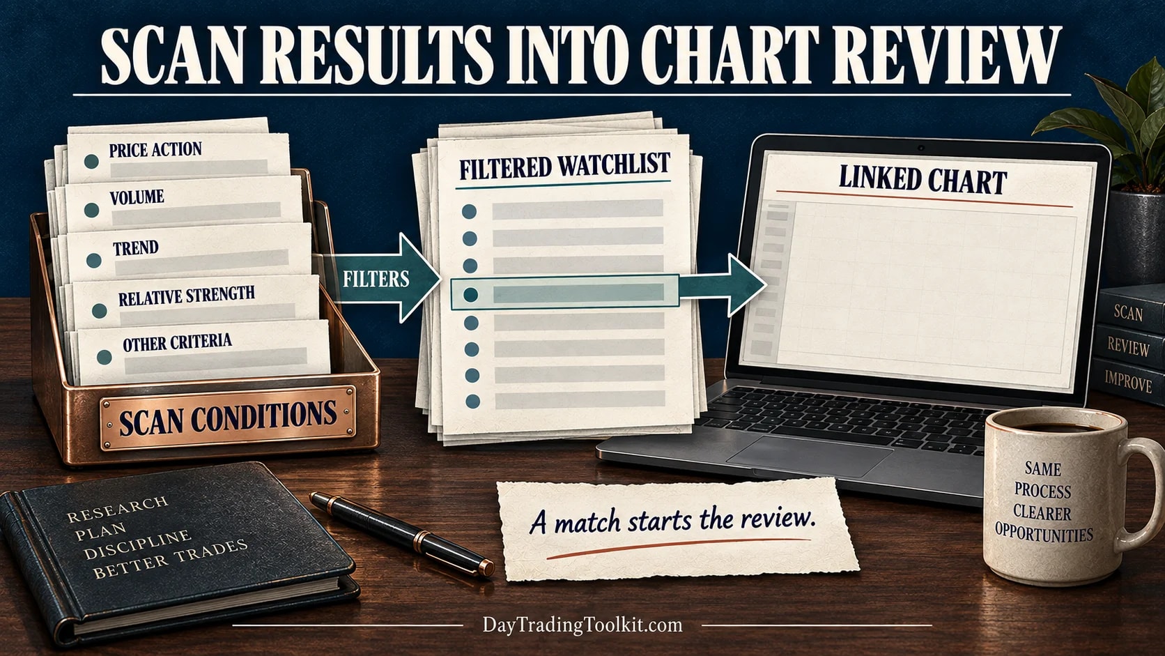 TC2000 EasyScan conditions filter a stock list that a trader then opens in a linked chart for review.