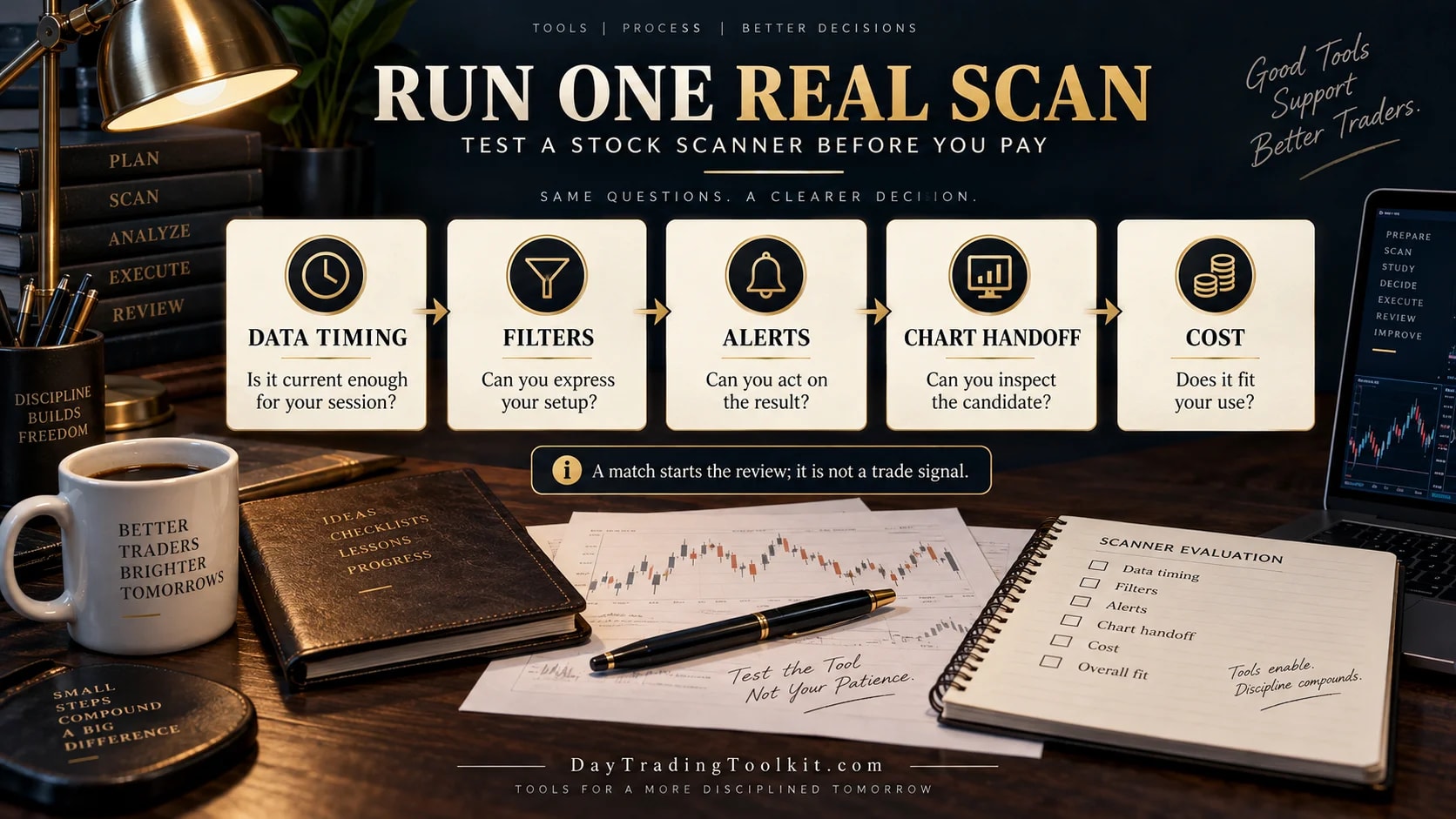 Five checks for scanner data timing, filters, alerts, chart handoff, and cost.