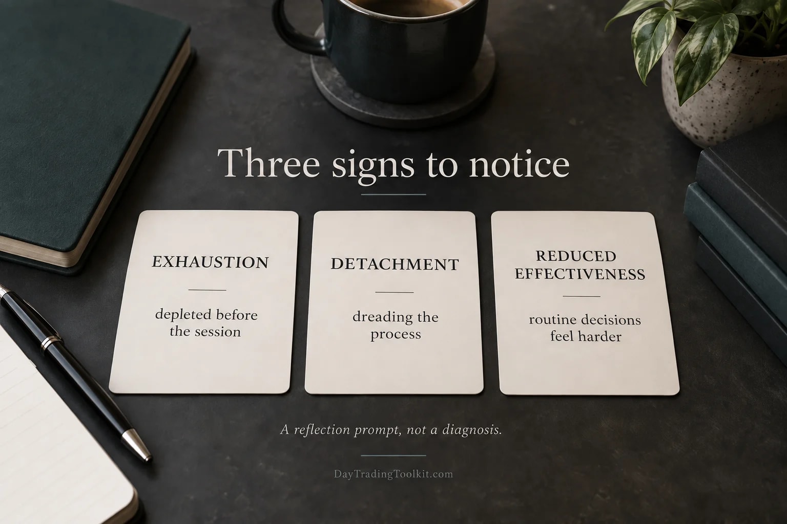 Three burnout dimensions pair exhaustion, detachment and reduced efficacy with observable examples and reflection questions.