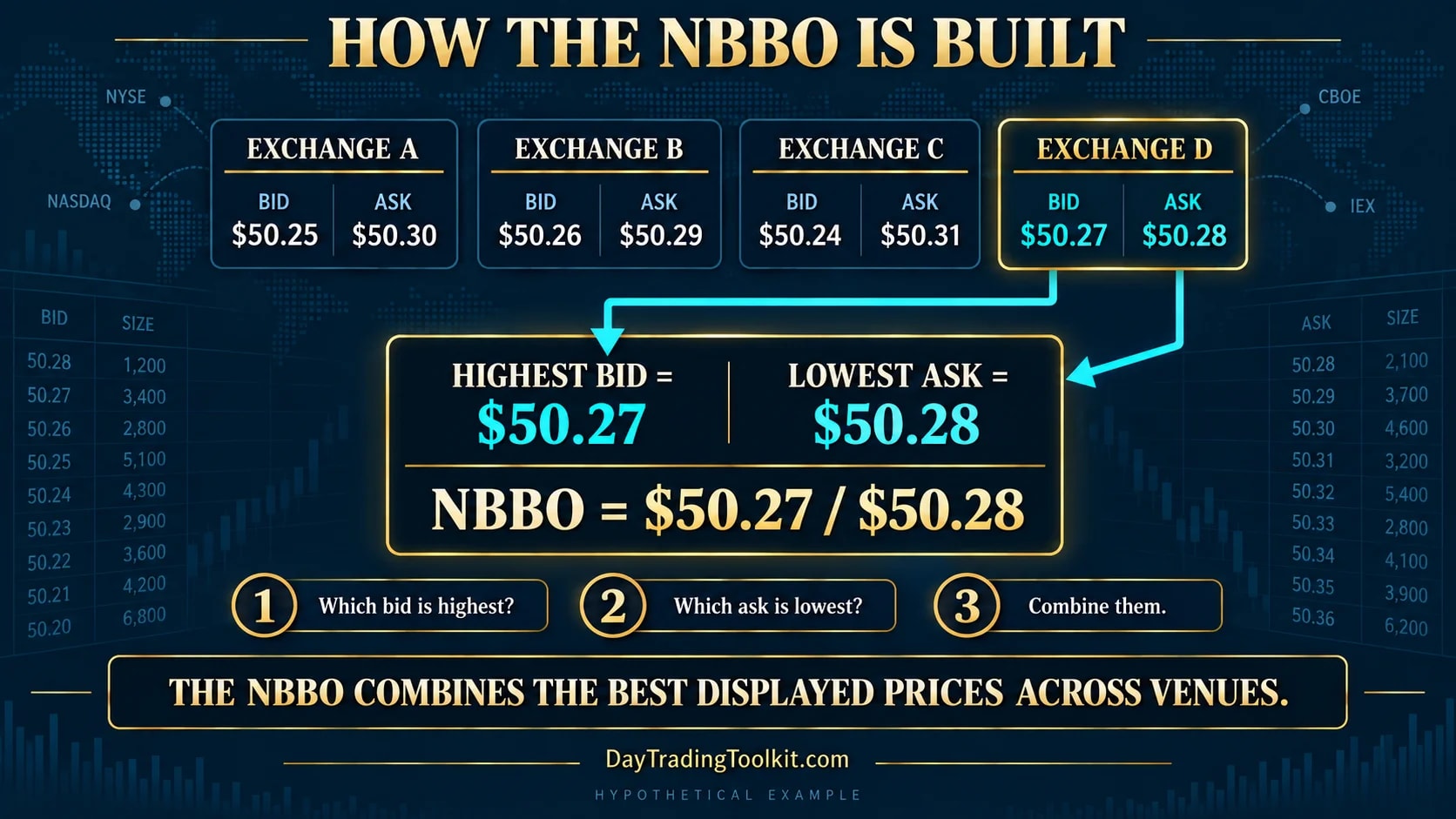 Four hypothetical exchange quotes combine into an NBBO using the highest $50.27 bid and lowest $50.28 ask.