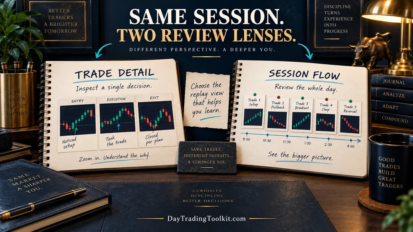 Individual-trade detail compared with a full-session review timeline.