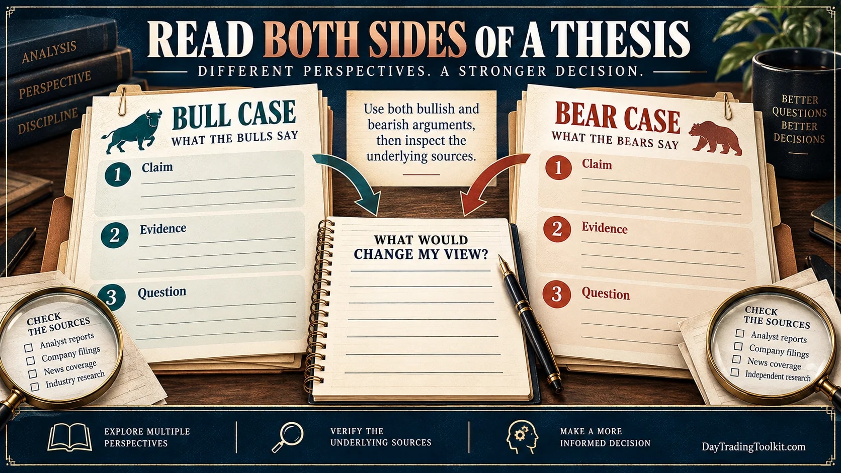 Bull and bear research dossiers compare claims, evidence, and questions before a reader decides what could change their view.