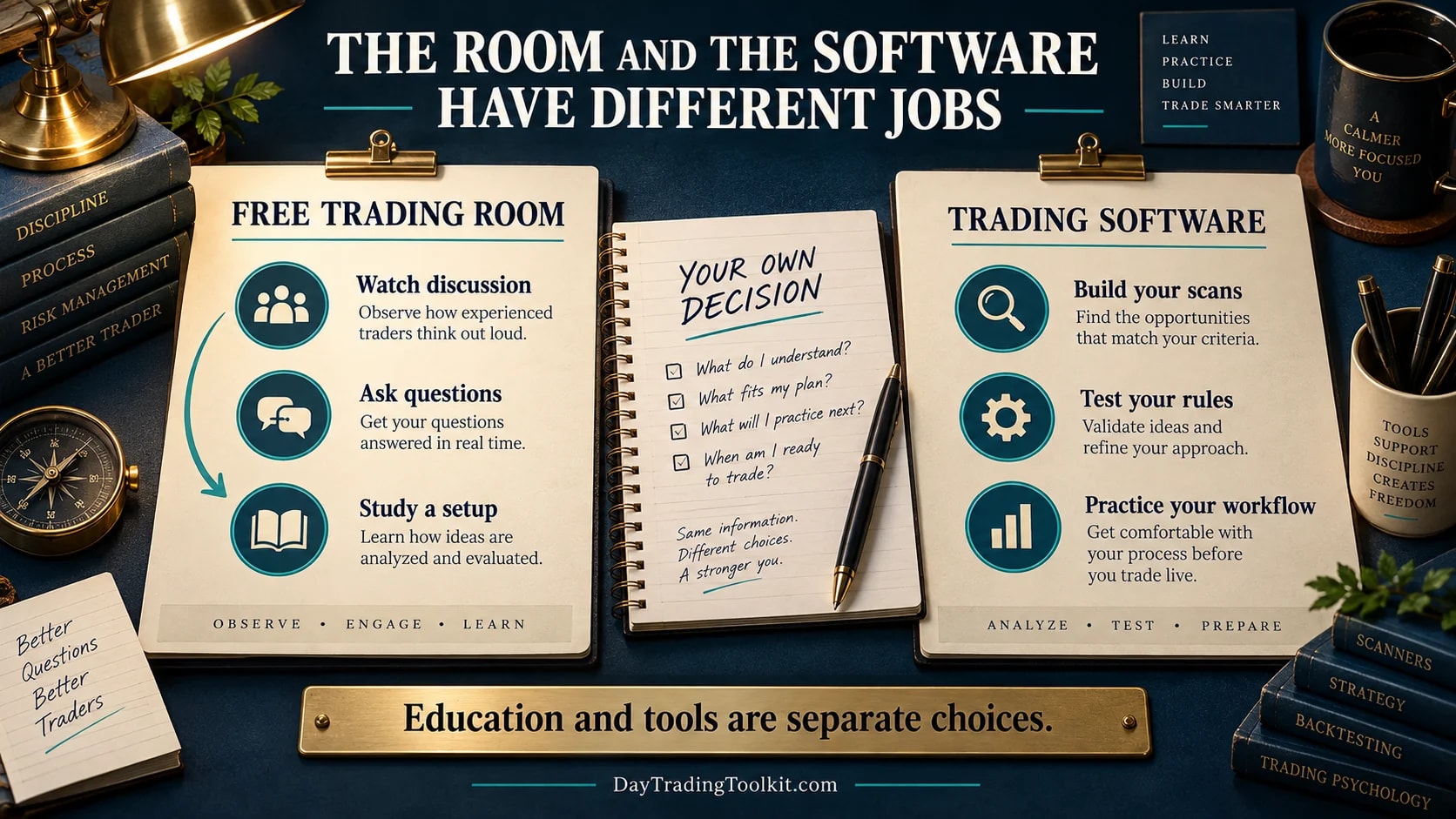 Trading room education compared with software scanning and execution tasks.