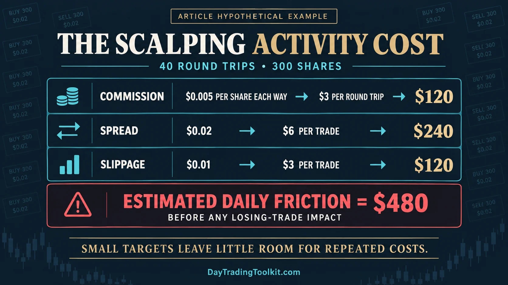 Hypothetical scalping cost example: 40 round trips of 300 shares with per-share commission, 2-cent spread and 1-cent slippage totaling $480 a day