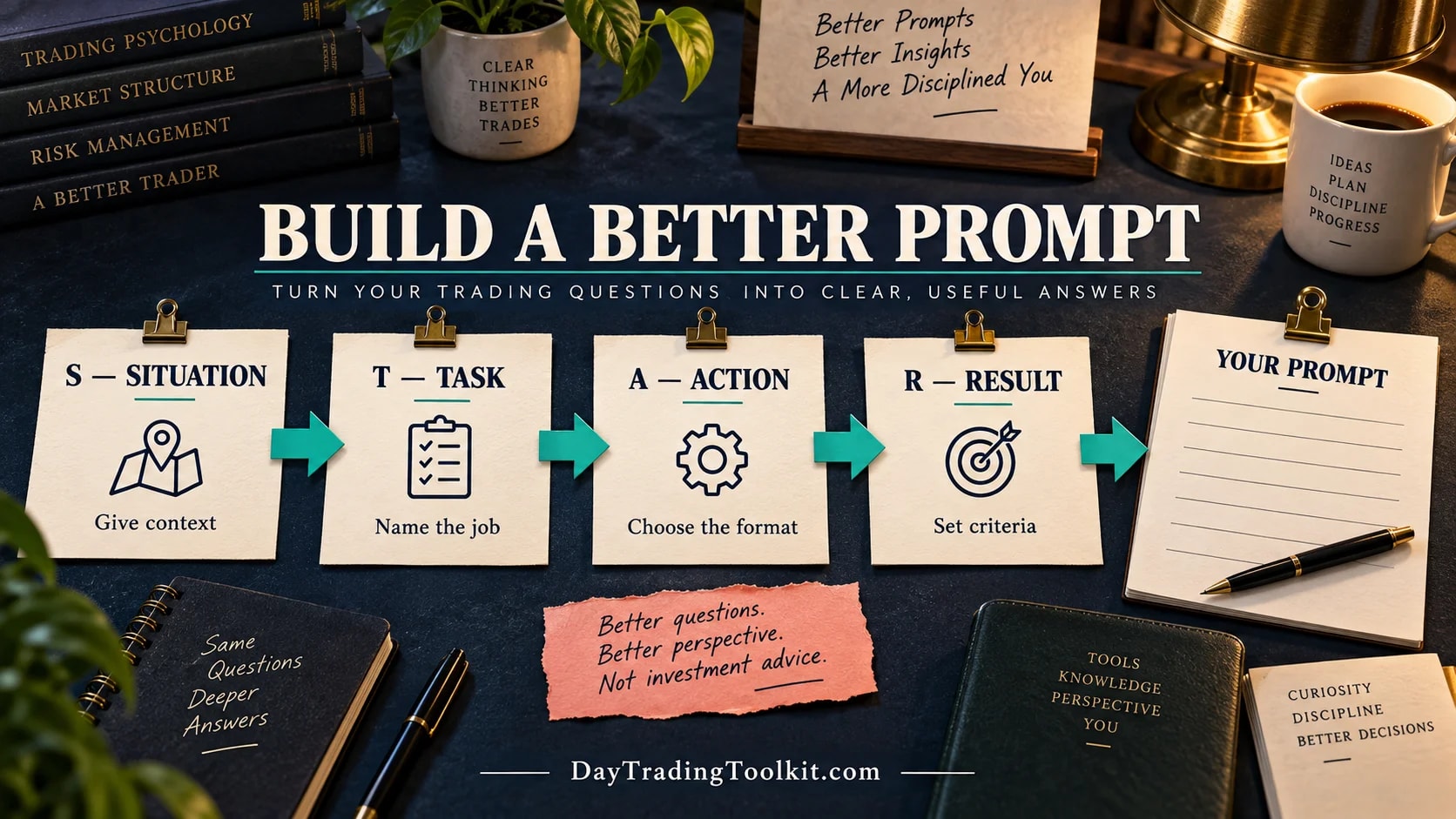 The STAR prompt framework separates situation, task, action, and result into four parts of a trading research request.