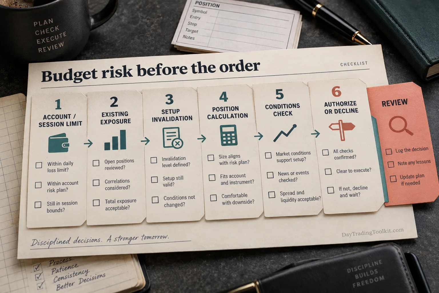 Pre-order risk checks cover account and session limits, existing exposure, invalidation, size, conditions and authorization.