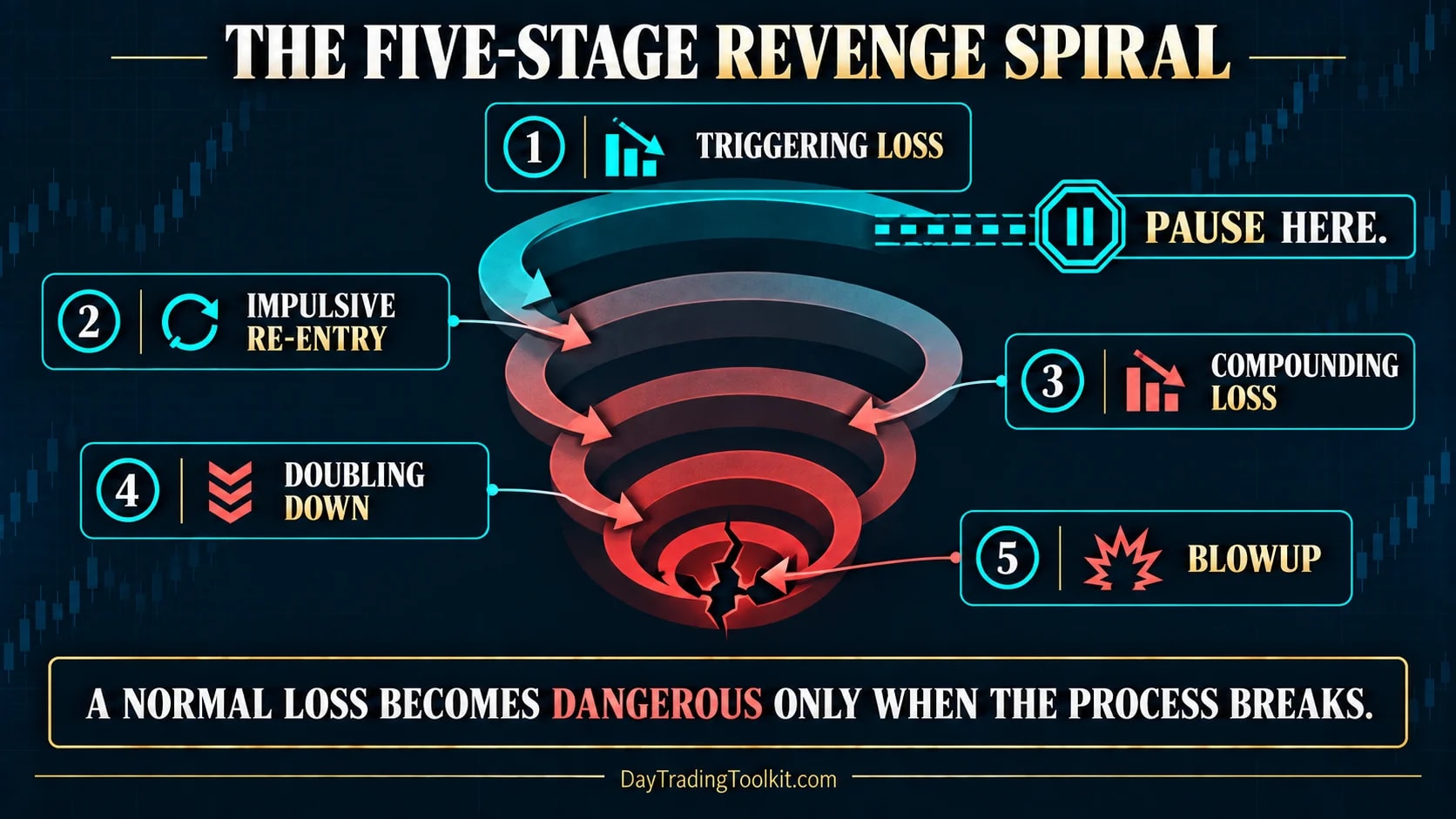 Five-stage revenge spiral: triggering loss, impulsive re-entry, compounding loss, doubling down, blowup, with a pause point after the first loss