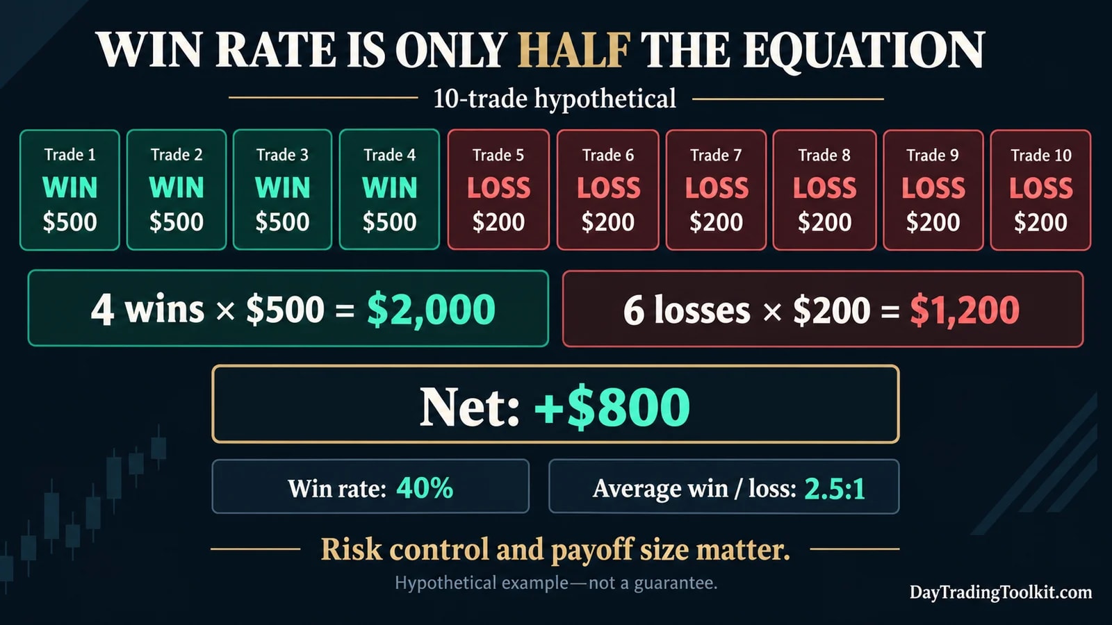 Ten-trade example where four $500 wins and six $200 losses produce a net $800 despite a 40% win rate.