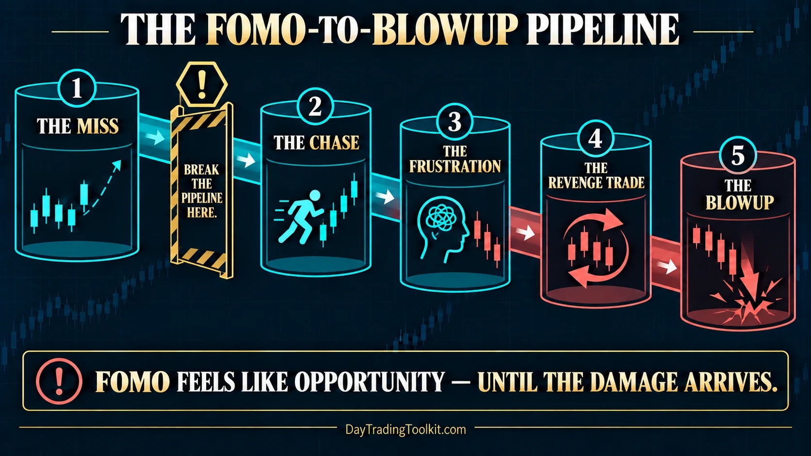 Five-stage FOMO pipeline from a missed move to a damaging trade sequence