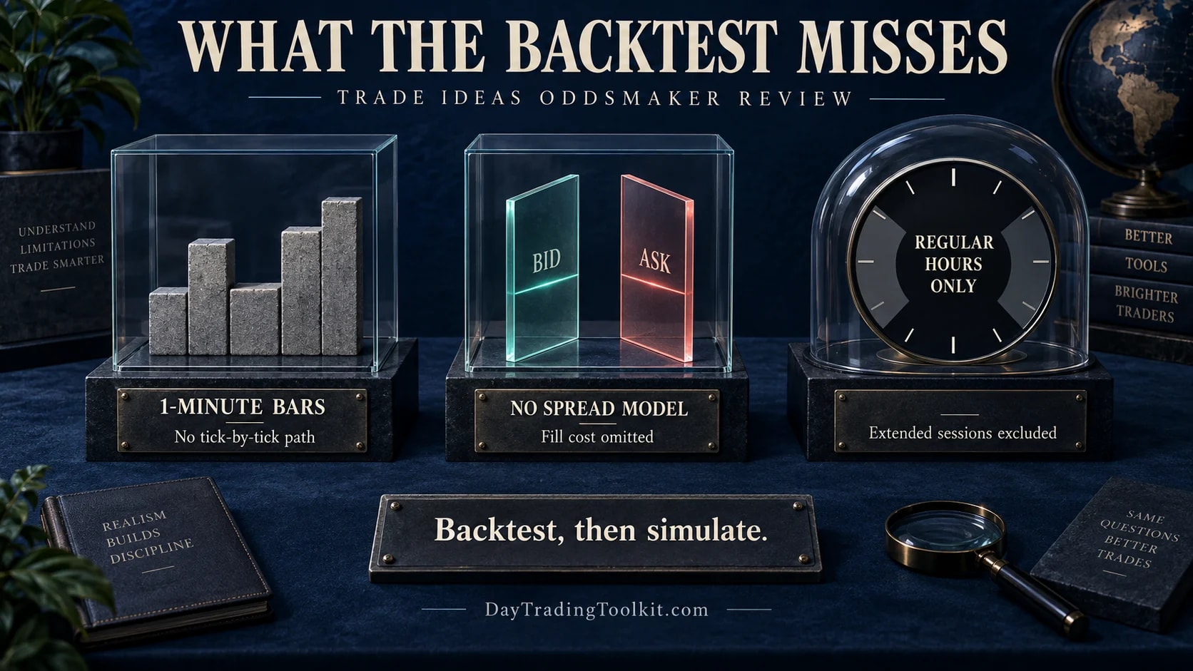 OddsMaker blind spots: one-minute bar resolution, omitted bid-ask spread, and excluded extended trading sessions.