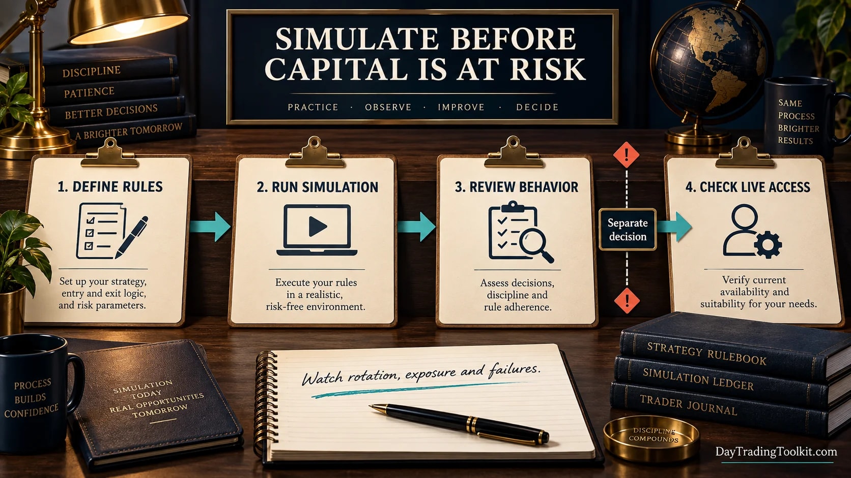 Simulation and review gate before live automation.