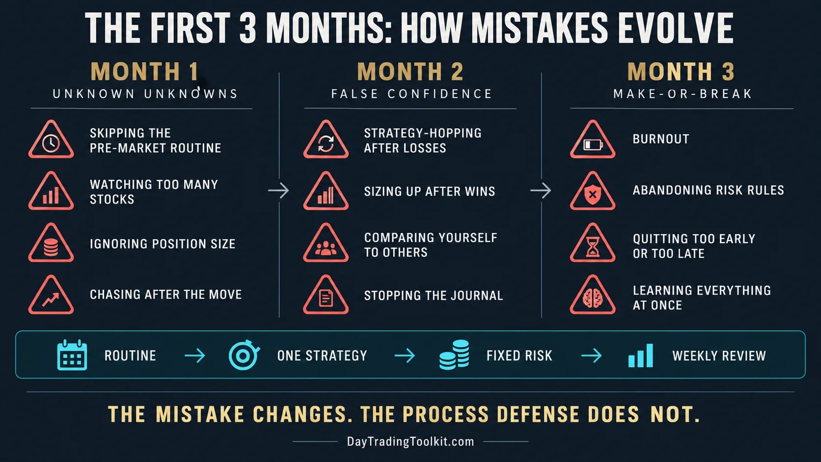 Month-by-month map of common trading mistakes during the first three months.
