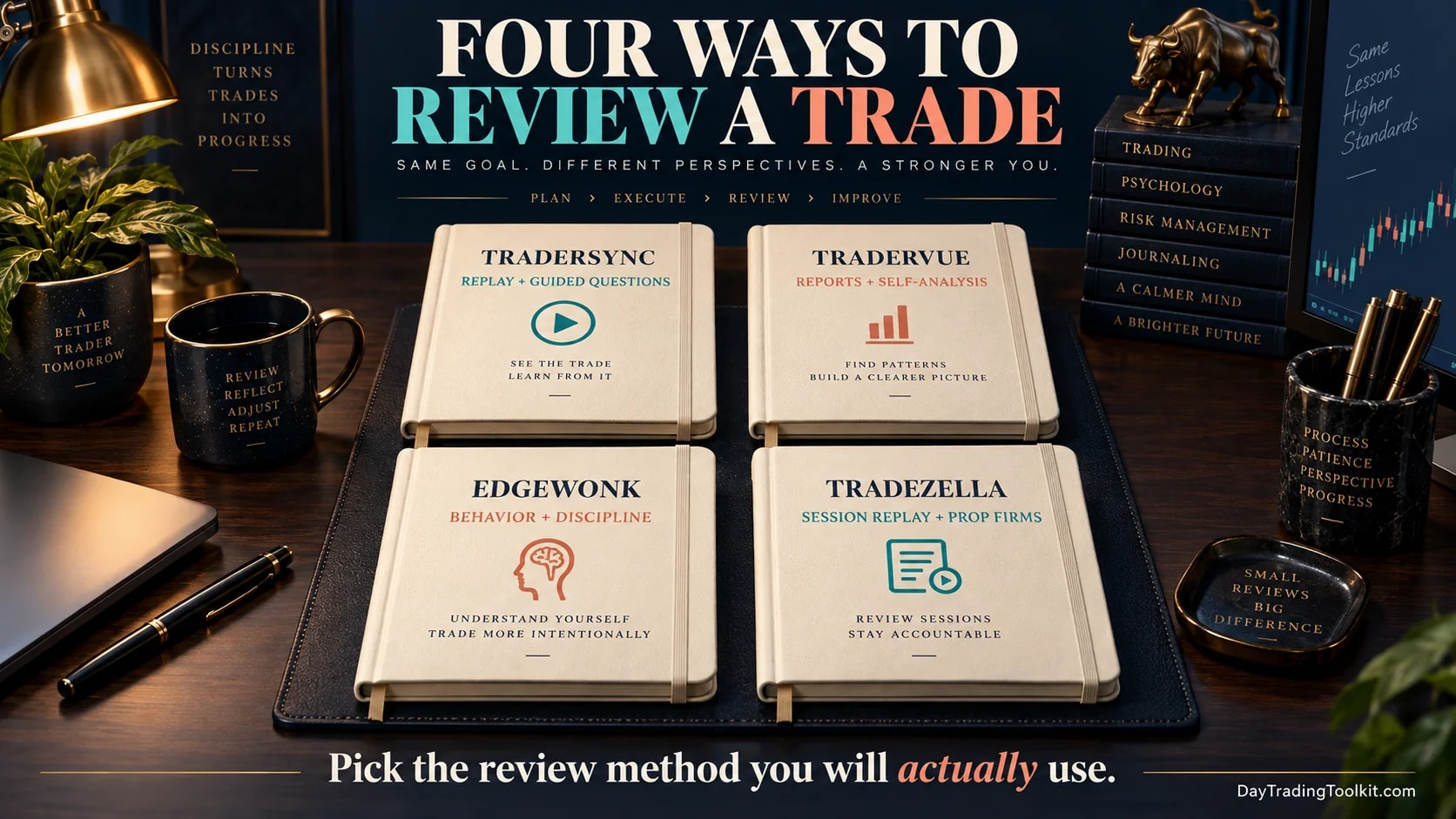 Four trade-journal review lenses: replay, reports, behavior, and session review.